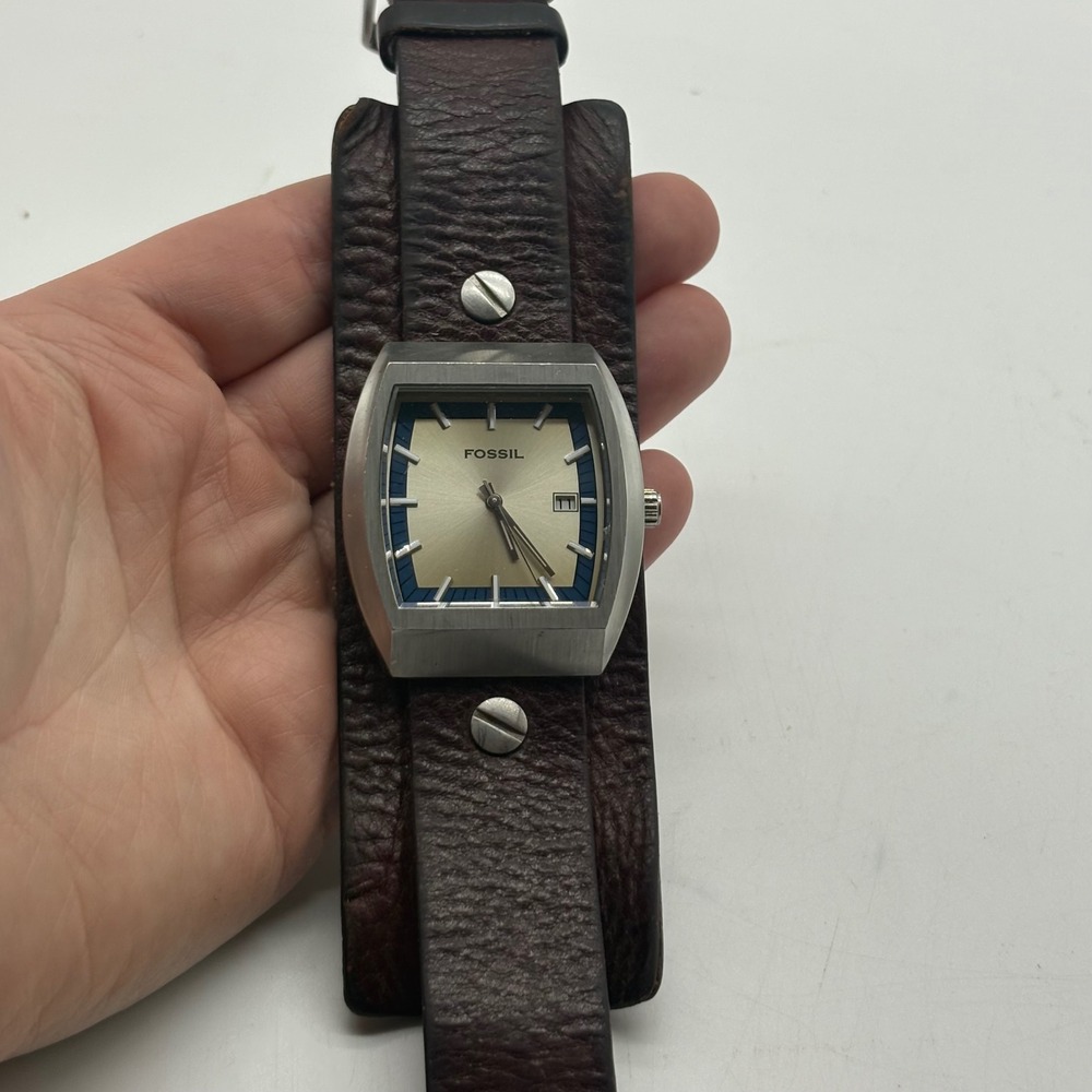 Fossil Mens Stainless Steel Watch Brown Leather Wide Cuff Band Needs Battery